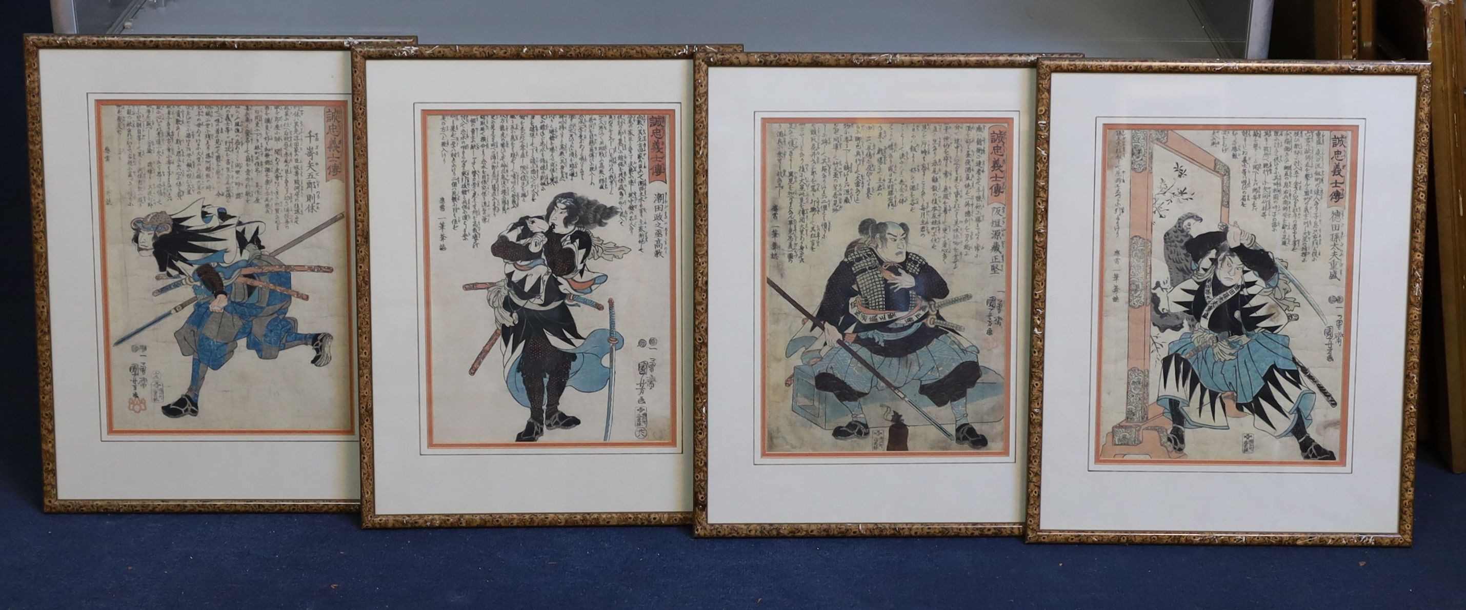 Utagawa Kuniyoshi (1797-1861) eight woodblock prints (yukiyo-e), from the series Faithful Samurai (Seichu gishi den), the story of the 47 Ronin, each 33 x 24cm, framed and glazed, staining